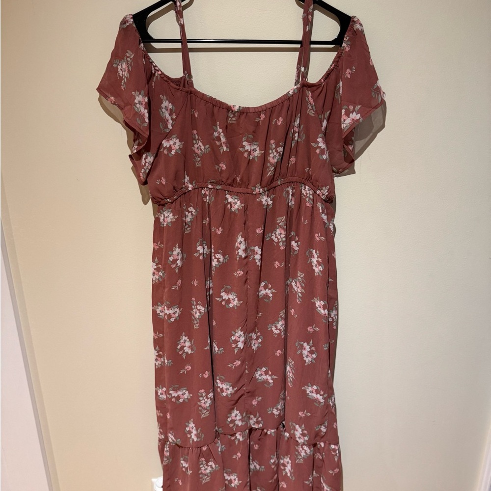 Pink Ruched Maxi Sundress with Cold Shoulder